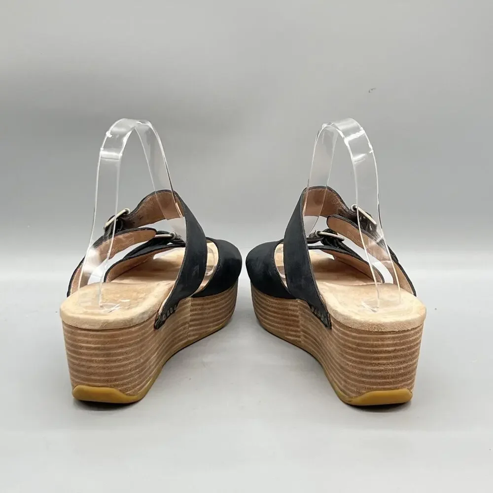 Dansko Sandals Womens 8.5 Black Leather Slingback Buckle Platform Wedge Shoes